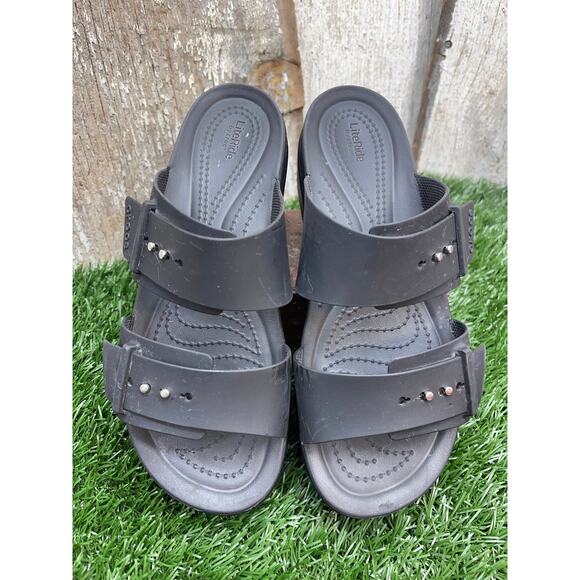 CROCS Brooklyn Buckle Black Platform Sandals Women's 8 - Picture 3 of 7